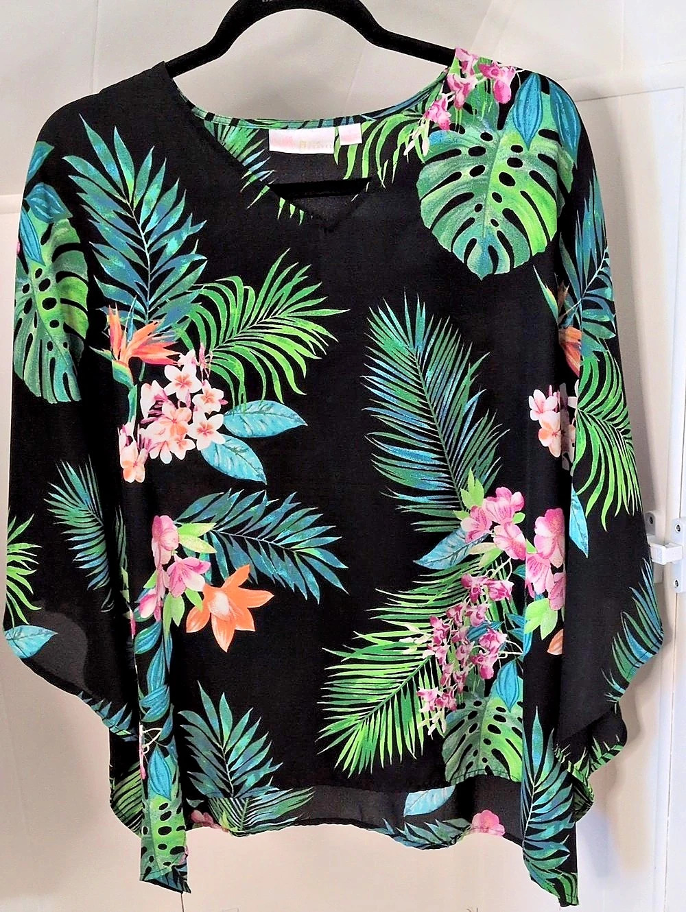 Kim Gravel Tropical Floral Blouse in Black & Green Like New